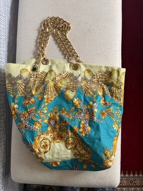 Turquoise & Yellow Seashell Print Chain-Handle Tote